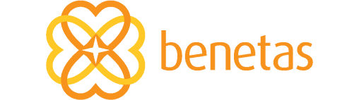Here's an alt tag for the image: `Benetas logo: orange hearts and star`